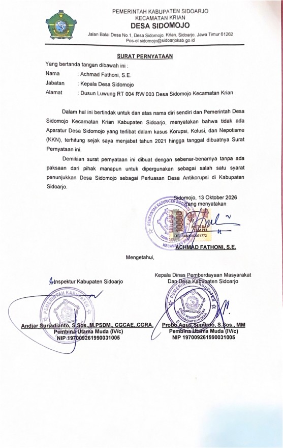 Desa Sidomojo Tegaskan Komitmen Antikorupsi, Kepala Desa Terbitkan Surat Pernyataan Integritas