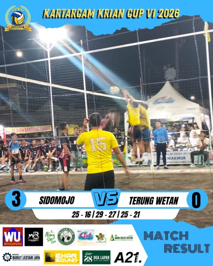 Tampil Perkasa,Tim Voli Sidomojo Sapu Bersih Terung Wetan dengan Skor 3 - 0 di Kartarcam Krian Cup VI 2026