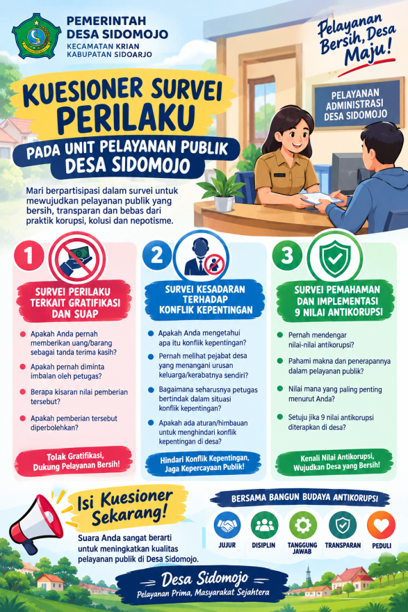Wujudkan Pelayanan Publik yang Bersih dan Transparan, Pemdes Sidomojo Ajak Masyarakat Ikuti Survei Perilaku Antikorupsi